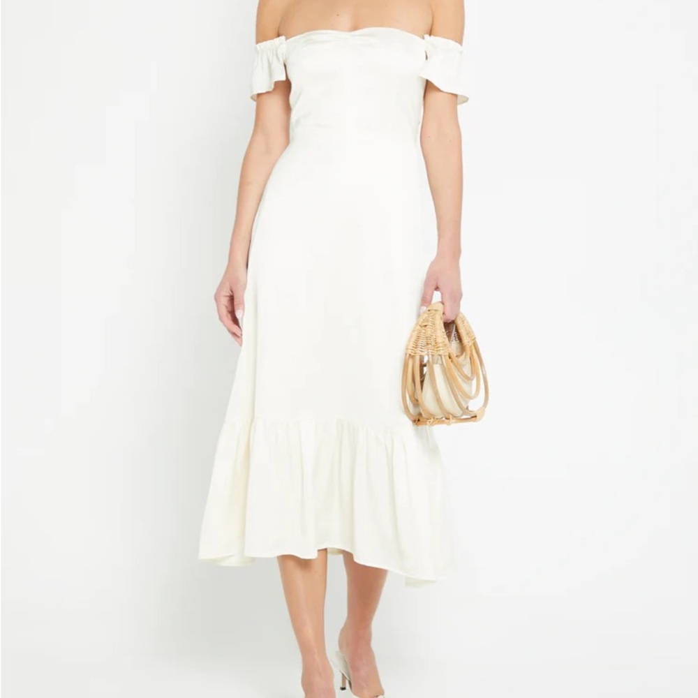 O.P.T. MARIA Elegant Off-Shoulder Silky Off White Midi Dress Size Large NEW!